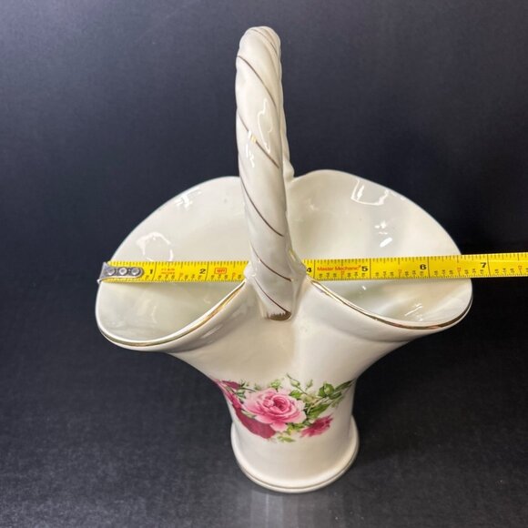 Vintage Formalities Porcelain Handle Basket Vase Roses w/Gold Trim By Baum Bros - Picture 7 of 7
